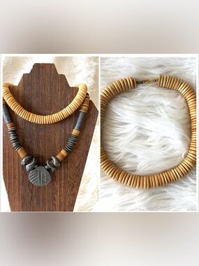 Vintage Warm Beige Wooden Disc Bead Necklace
